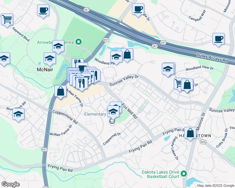 map of restaurants, bars, coffee shops, grocery stores, and more near 13141 Fox Hunt Lane in Herndon