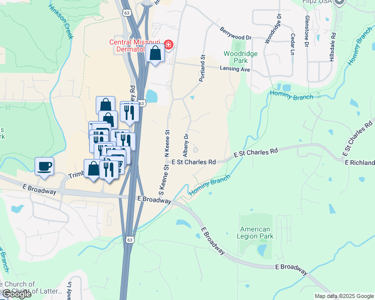 map of restaurants, bars, coffee shops, grocery stores, and more near 2 Albany Drive in Columbia