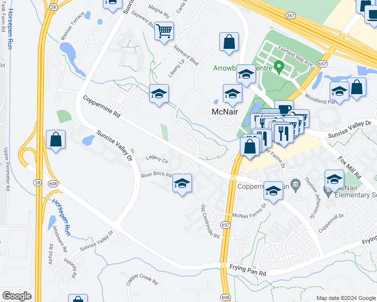 map of restaurants, bars, coffee shops, grocery stores, and more near 13637 Venturi Lane in Herndon