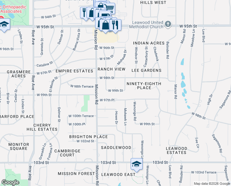 map of restaurants, bars, coffee shops, grocery stores, and more near 3631 West 99th Street in Leawood