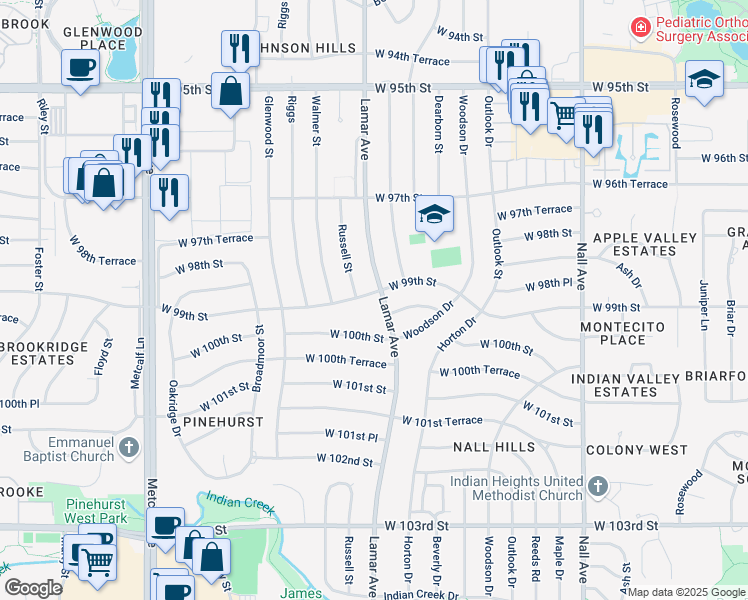 map of restaurants, bars, coffee shops, grocery stores, and more near 9924 Lamar Avenue in Overland Park