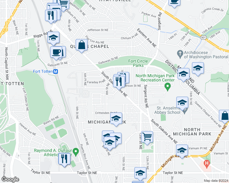 map of restaurants, bars, coffee shops, grocery stores, and more near 830 Delafield Street Northeast in Washington