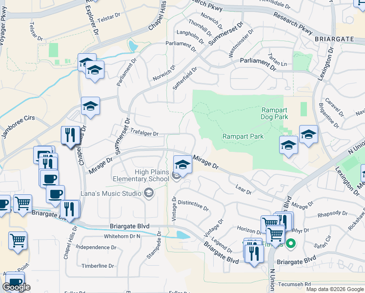 map of restaurants, bars, coffee shops, grocery stores, and more near 2425 Mirage Drive in Colorado Springs