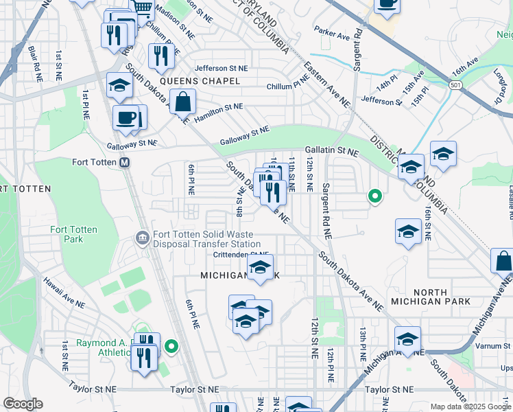 map of restaurants, bars, coffee shops, grocery stores, and more near 830 Delafield Street Northeast in Washington