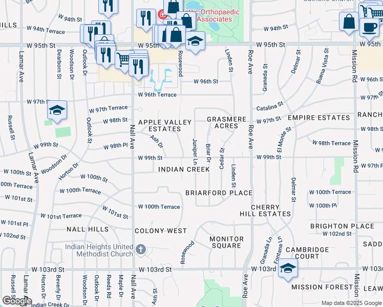 map of restaurants, bars, coffee shops, grocery stores, and more near 9904 Juniper Lane in Overland Park