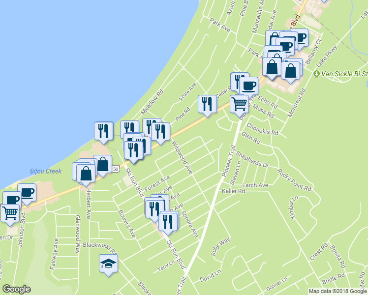 map of restaurants, bars, coffee shops, grocery stores, and more near 3768 Osgood Avenue in South Lake Tahoe