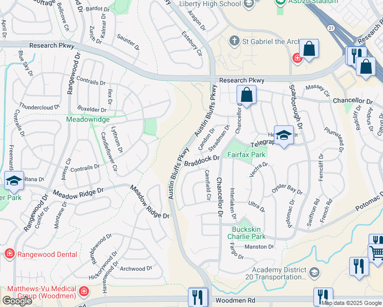 map of restaurants, bars, coffee shops, grocery stores, and more near 8310 Camfield Circle in Colorado Springs