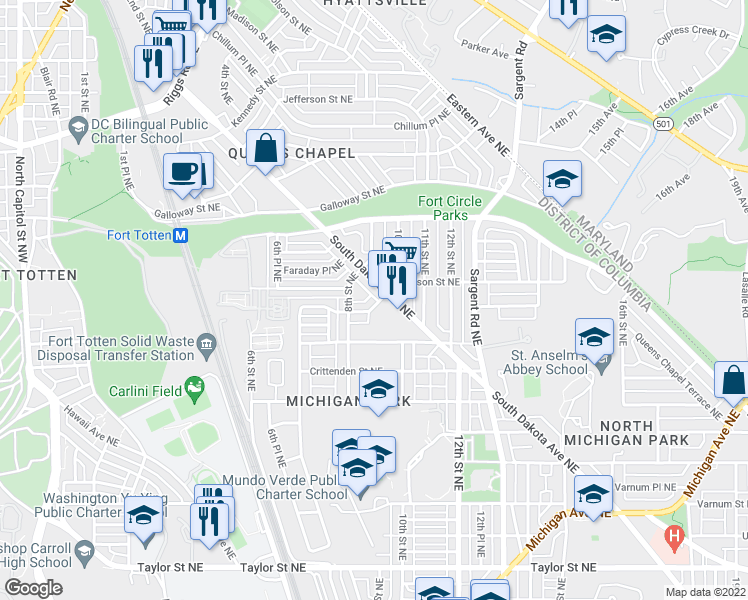 map of restaurants, bars, coffee shops, grocery stores, and more near 832 Delafield Street Northeast in Washington