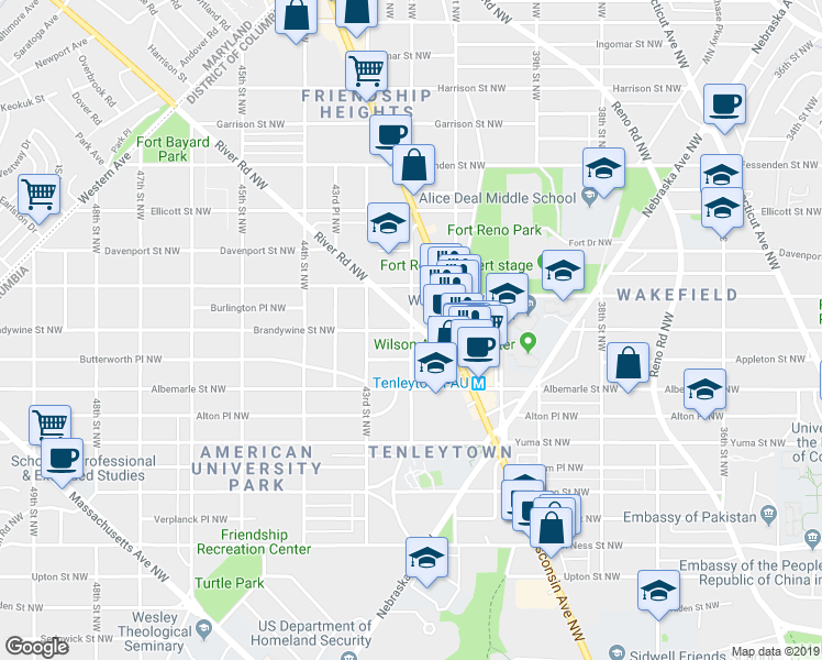map of restaurants, bars, coffee shops, grocery stores, and more near Brandywine St NW & 42nd St NW in Washington