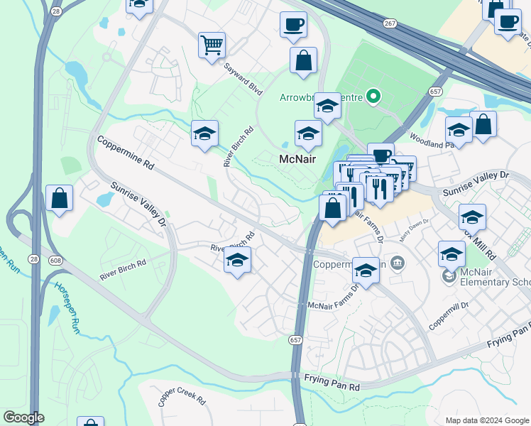 map of restaurants, bars, coffee shops, grocery stores, and more near 2494 Curie Court in Oak Hill