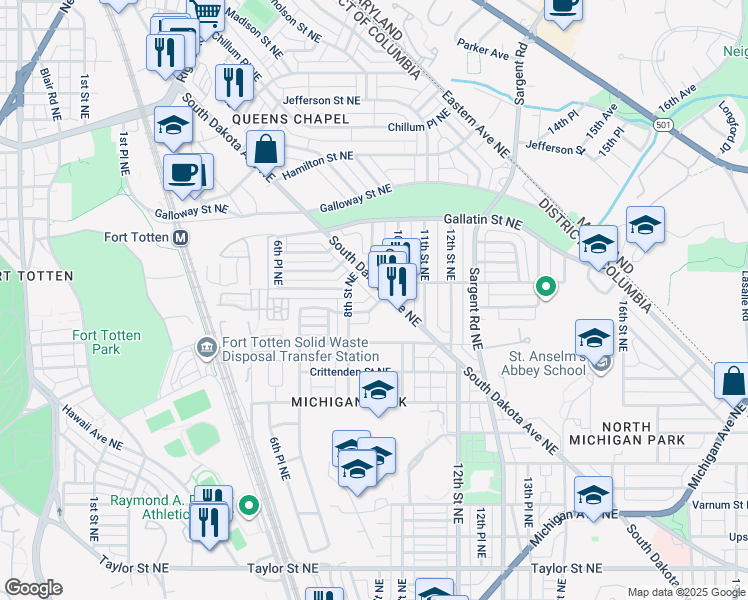 map of restaurants, bars, coffee shops, grocery stores, and more near 832 Delafield Street Northeast in Washington