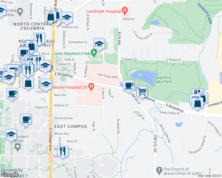 map of restaurants, bars, coffee shops, grocery stores, and more near 2 Fyfer Place in Columbia