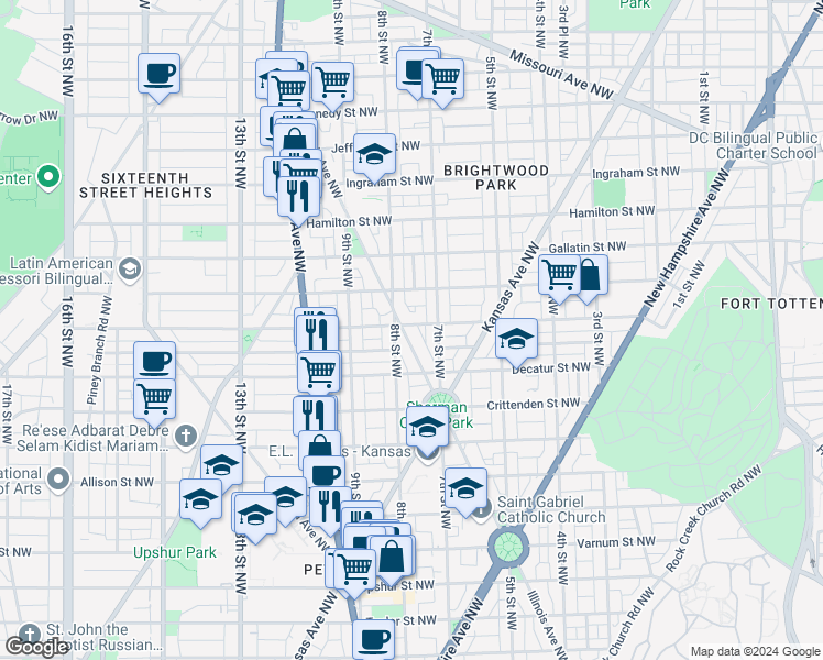 map of restaurants, bars, coffee shops, grocery stores, and more near 4847 Illinois Avenue Northwest in Washington