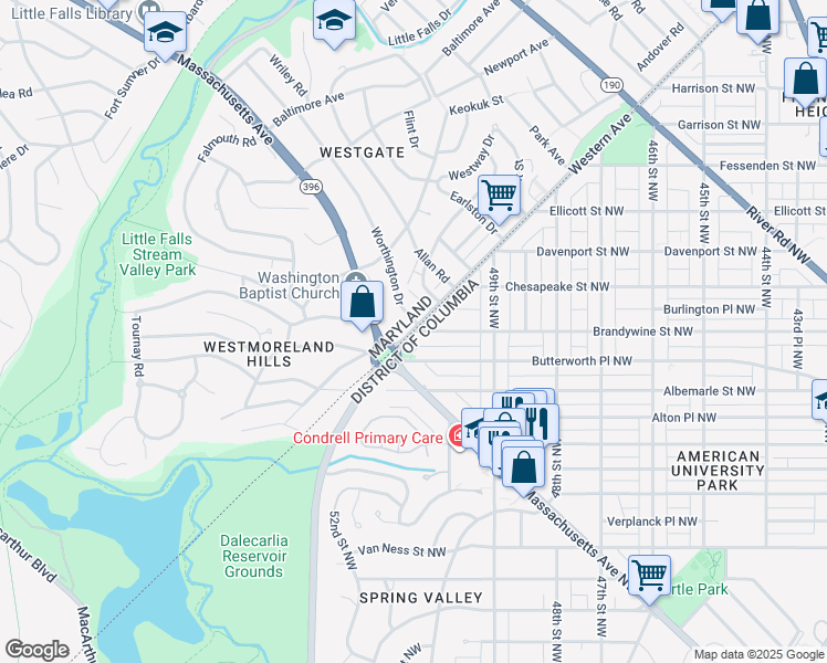 map of restaurants, bars, coffee shops, grocery stores, and more near Western Avenue & Brandywine Street Northwest in Washington