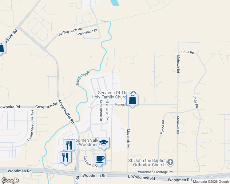 map of restaurants, bars, coffee shops, grocery stores, and more near 7941 Barraport Drive in Colorado Springs