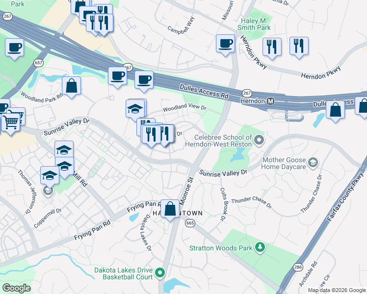 map of restaurants, bars, coffee shops, grocery stores, and more near 12905 Centre Park Circle in Herndon