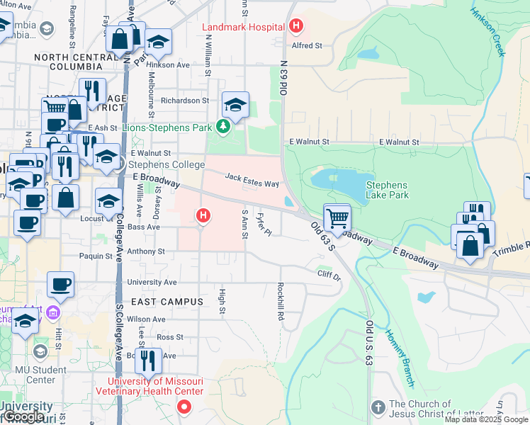 map of restaurants, bars, coffee shops, grocery stores, and more near 108 Fyfer Place in Columbia