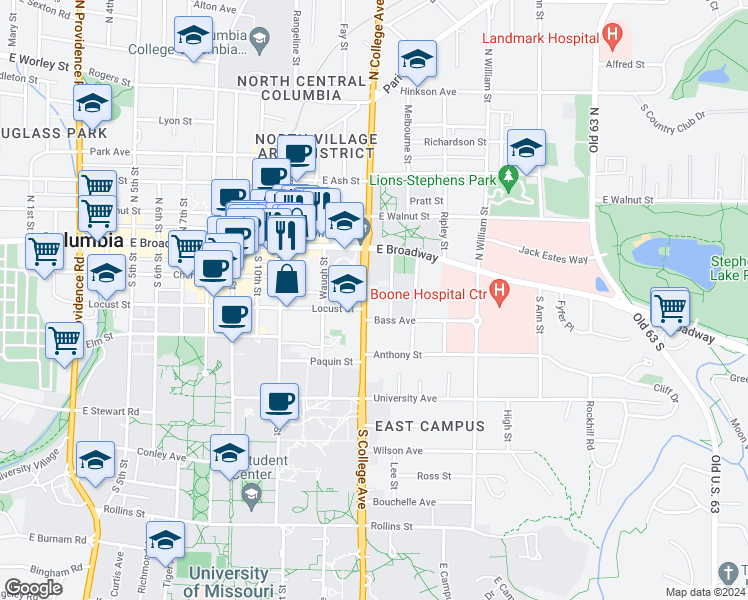 map of restaurants, bars, coffee shops, grocery stores, and more near 205 South College Avenue in Columbia
