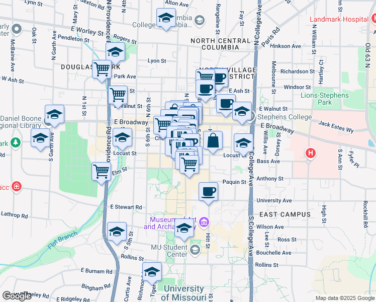 map of restaurants, bars, coffee shops, grocery stores, and more near 219 South 9th Street in Columbia