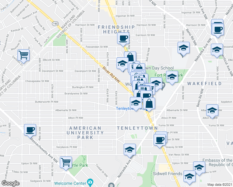 map of restaurants, bars, coffee shops, grocery stores, and more near Brandywine St NW & 43rd St NW in Washington