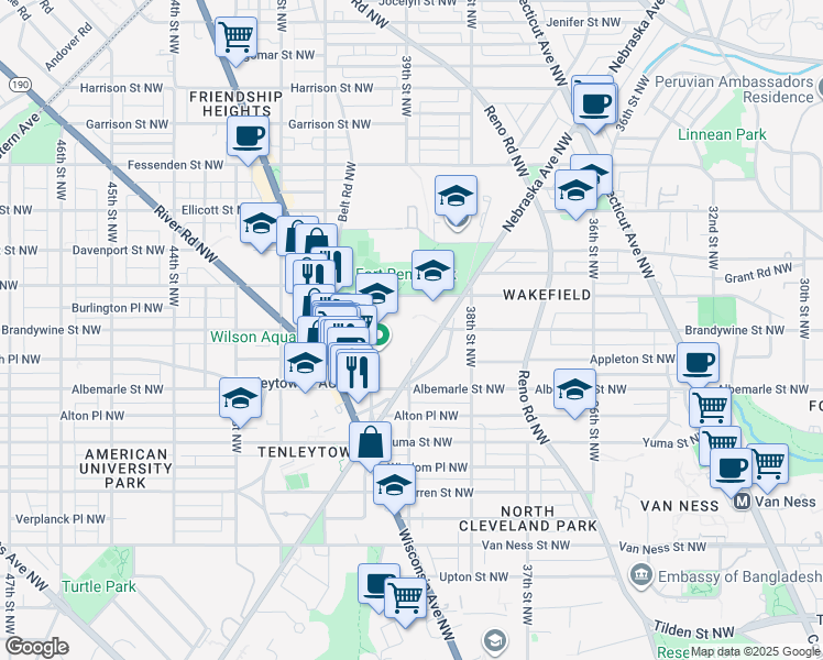 map of restaurants, bars, coffee shops, grocery stores, and more near 3950 Chesapeake Street Northwest in Washington