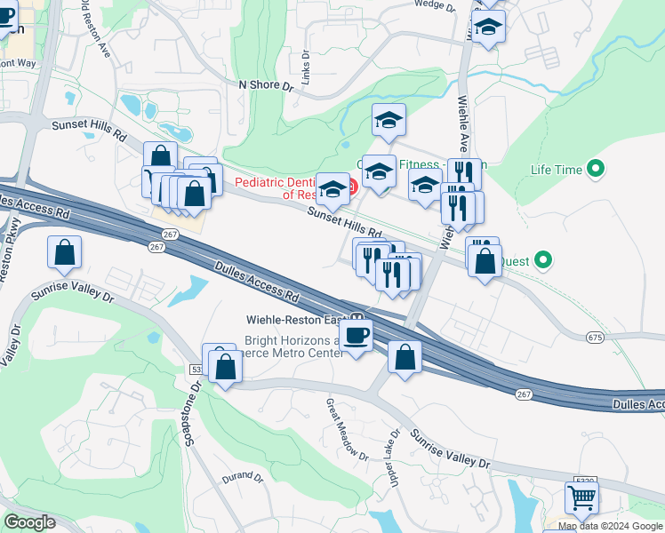 map of restaurants, bars, coffee shops, grocery stores, and more near 1904 Metro Center Drive in Reston