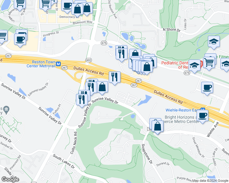 map of restaurants, bars, coffee shops, grocery stores, and more near 11760 Sunrise Valley Drive in Reston