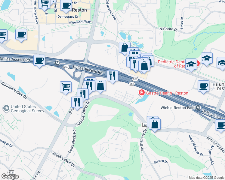 map of restaurants, bars, coffee shops, grocery stores, and more near 11760 Sunrise Valley Drive in Reston