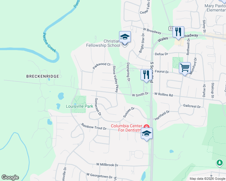 map of restaurants, bars, coffee shops, grocery stores, and more near 703 Windermere Drive in Columbia