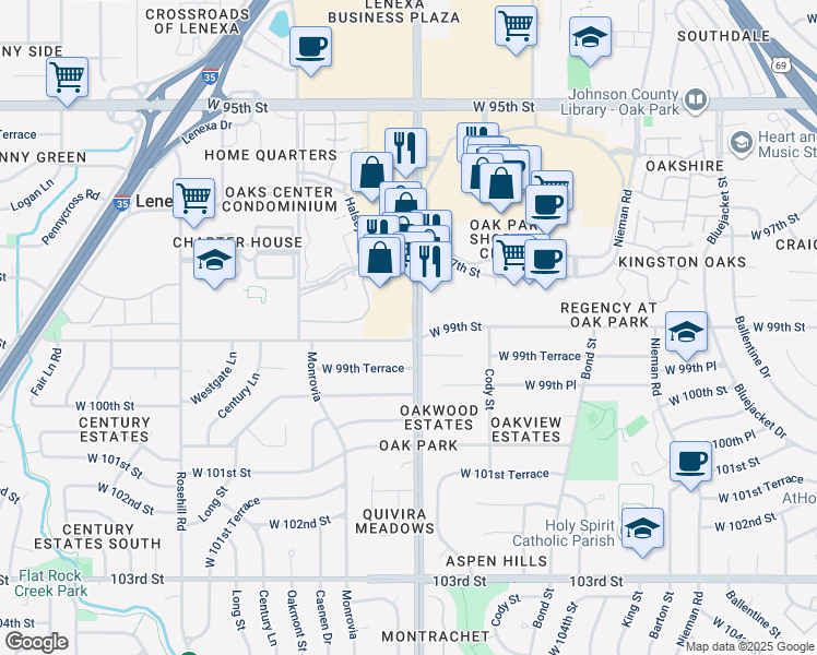 map of restaurants, bars, coffee shops, grocery stores, and more near 11848 West 99th Terrace in Overland Park