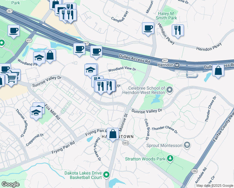 map of restaurants, bars, coffee shops, grocery stores, and more near 12900 Centre Park Circle in Herndon