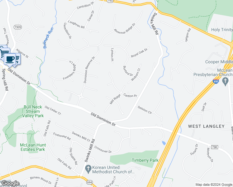 map of restaurants, bars, coffee shops, grocery stores, and more near 7707 Carlton Place in McLean