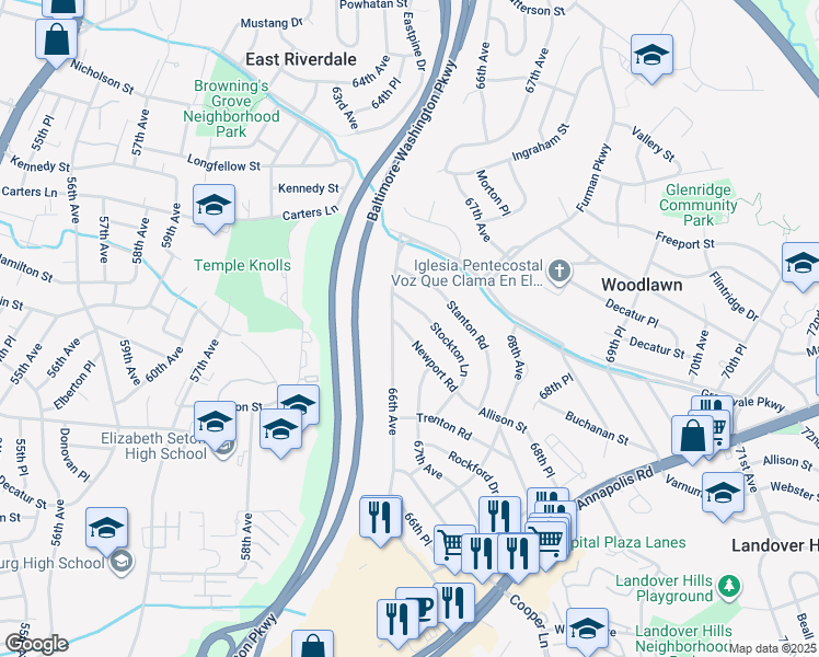 map of restaurants, bars, coffee shops, grocery stores, and more near 6606 Newport Road in Hyattsville