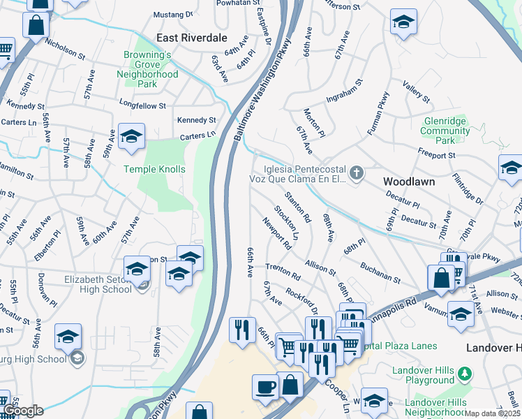 map of restaurants, bars, coffee shops, grocery stores, and more near 6606 Newport Road in Hyattsville