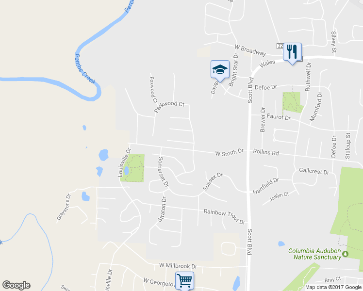 map of restaurants, bars, coffee shops, grocery stores, and more near 4706 Castlewood Court in Columbia