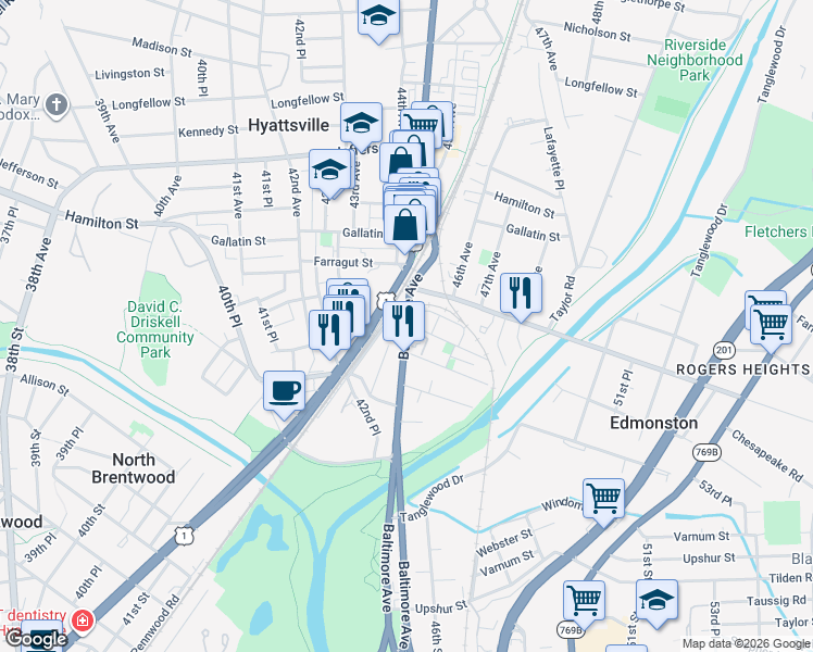 map of restaurants, bars, coffee shops, grocery stores, and more near Baltimore Ave & U.S. 1 Alt & Rhode Island Ave in Hyattsville