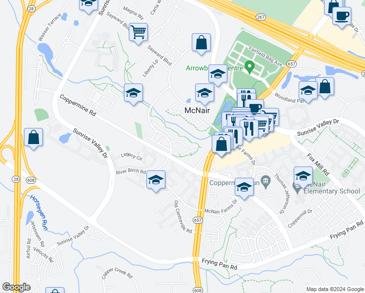 map of restaurants, bars, coffee shops, grocery stores, and more near 13539 Davinci Lane in Oak Hill
