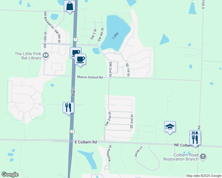 map of restaurants, bars, coffee shops, grocery stores, and more near 104 Southwest Lake Side Drive in Blue Springs