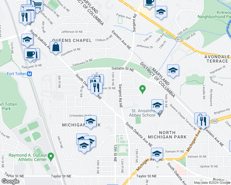 map of restaurants, bars, coffee shops, grocery stores, and more near 4961 12th Street Northeast in Washington