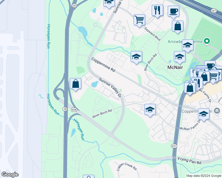 map of restaurants, bars, coffee shops, grocery stores, and more near 13805 Jefferson Park Drive in Herndon