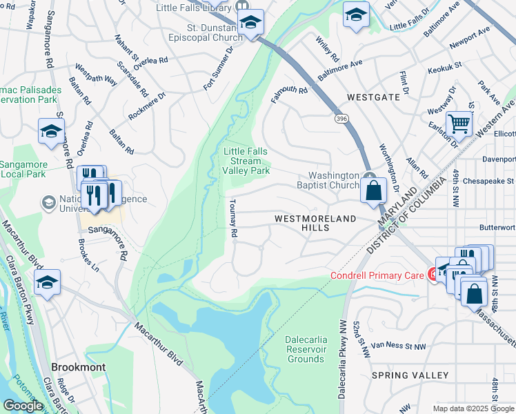 map of restaurants, bars, coffee shops, grocery stores, and more near 5407 Blackistone Road in Bethesda