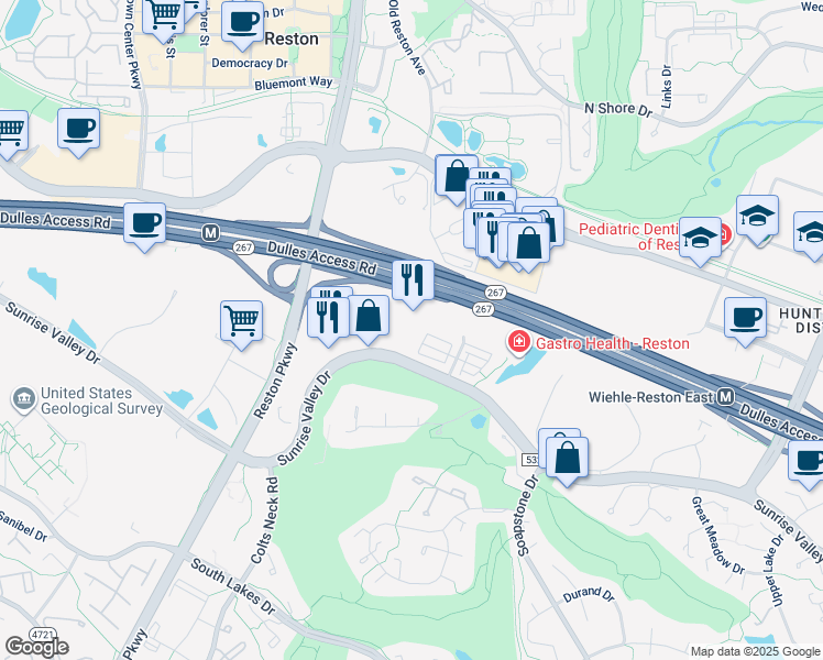 map of restaurants, bars, coffee shops, grocery stores, and more near 11760 Sunrise Valley Drive in Reston
