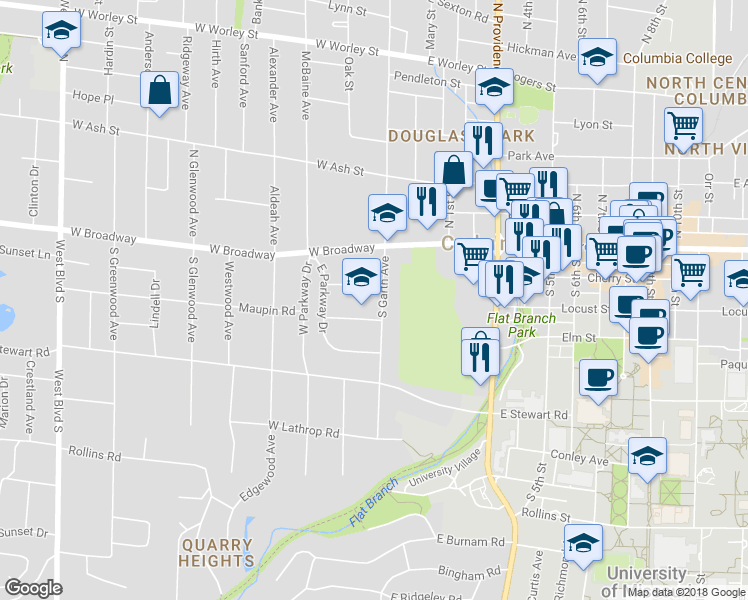 map of restaurants, bars, coffee shops, grocery stores, and more near 105 South Garth Avenue in Columbia
