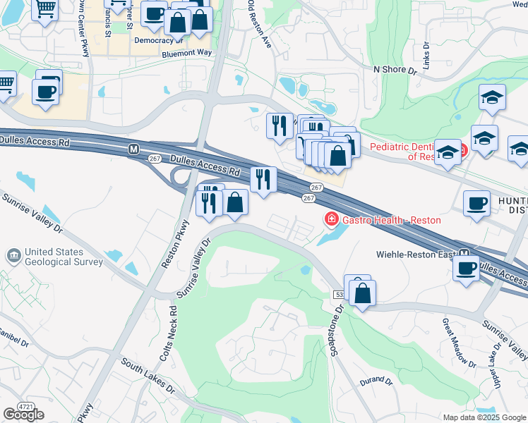 map of restaurants, bars, coffee shops, grocery stores, and more near 11760 Sunrise Valley Drive in Reston