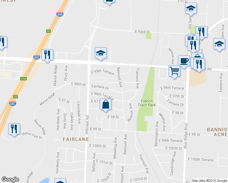 map of restaurants, bars, coffee shops, grocery stores, and more near 6107 Fairlane Drive in Kansas City