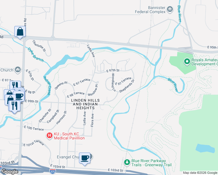map of restaurants, bars, coffee shops, grocery stores, and more near 9719 Woodland Lane in Kansas City