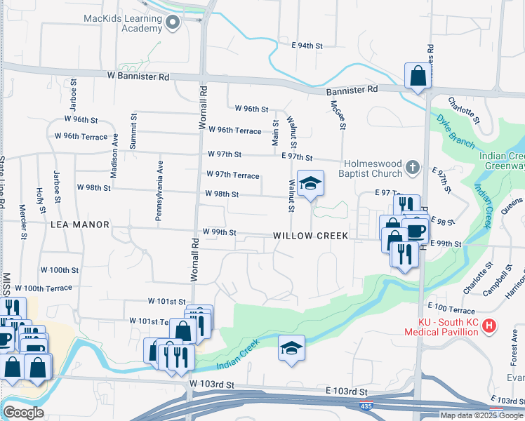 map of restaurants, bars, coffee shops, grocery stores, and more near 98 East 98th Street in Kansas City