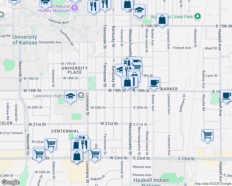 map of restaurants, bars, coffee shops, grocery stores, and more near 1837 Kentucky Street in Lawrence