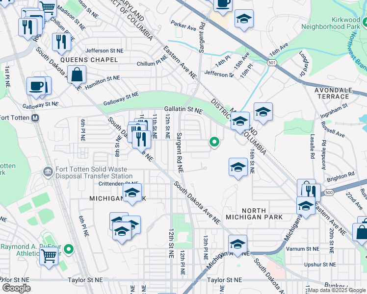 map of restaurants, bars, coffee shops, grocery stores, and more near 4937 Sargent Road Northeast in Washington