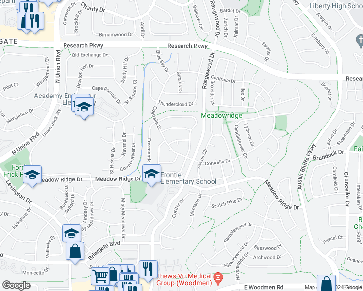 map of restaurants, bars, coffee shops, grocery stores, and more near 8125 Plume Terrace in Colorado Springs